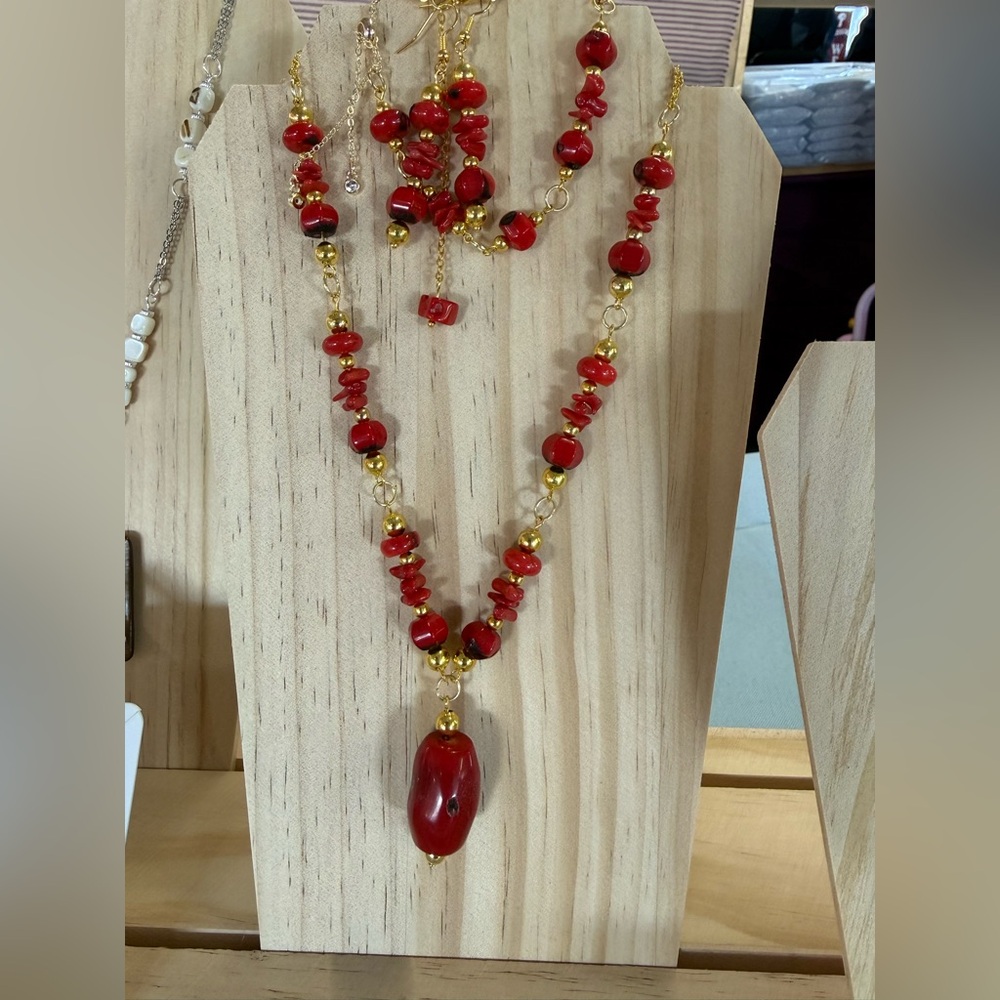 Genuine Red Branch Coral Necklace Bracelet and Earrings Set w/ Gold Tone Accents
